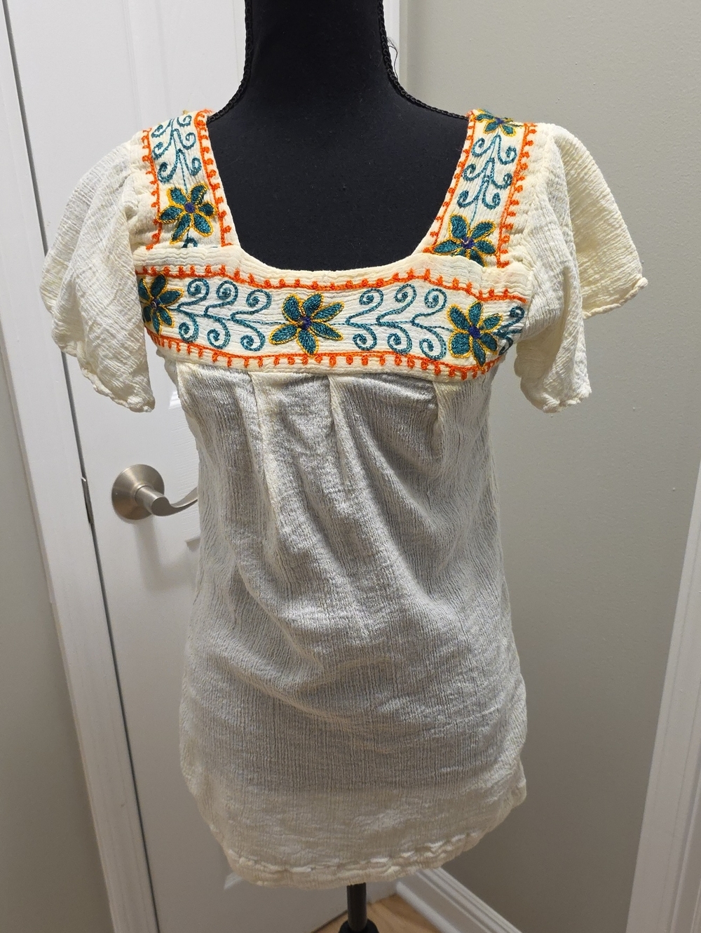 Cream Embroidered Square-Neck Women's Top with Teal & Orange Floral Detail